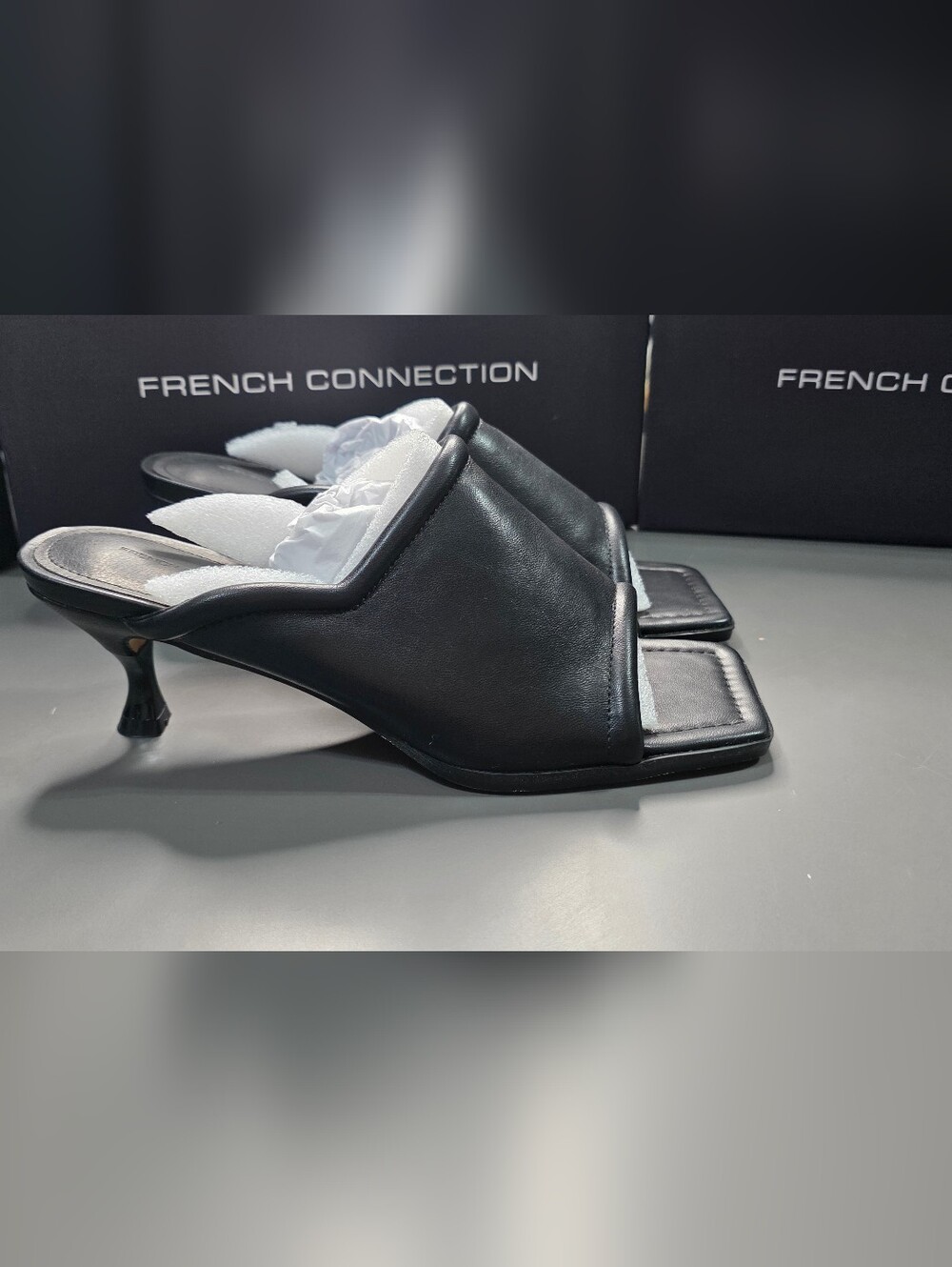 French Connection Black Leather Square-Toe Mule Heels